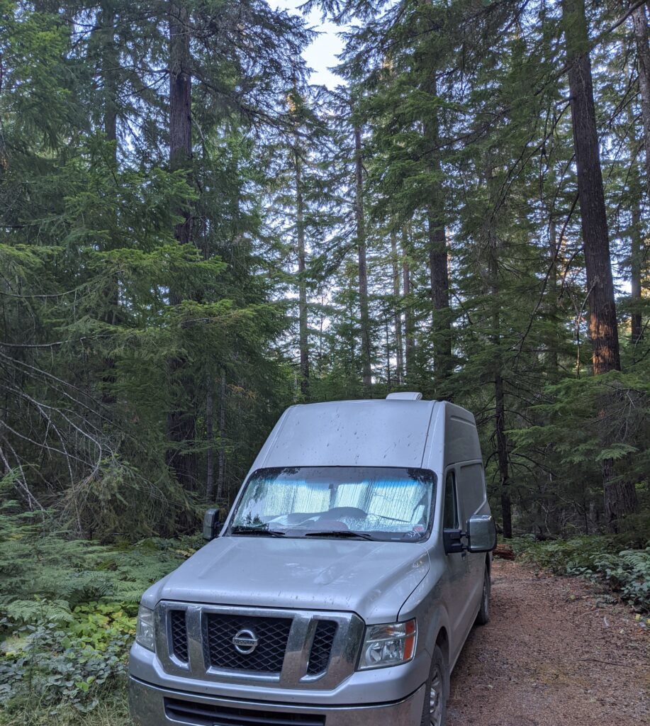A Nissan camper van with a window cover stealth camping in a forested area.