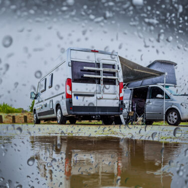 A van in the rain