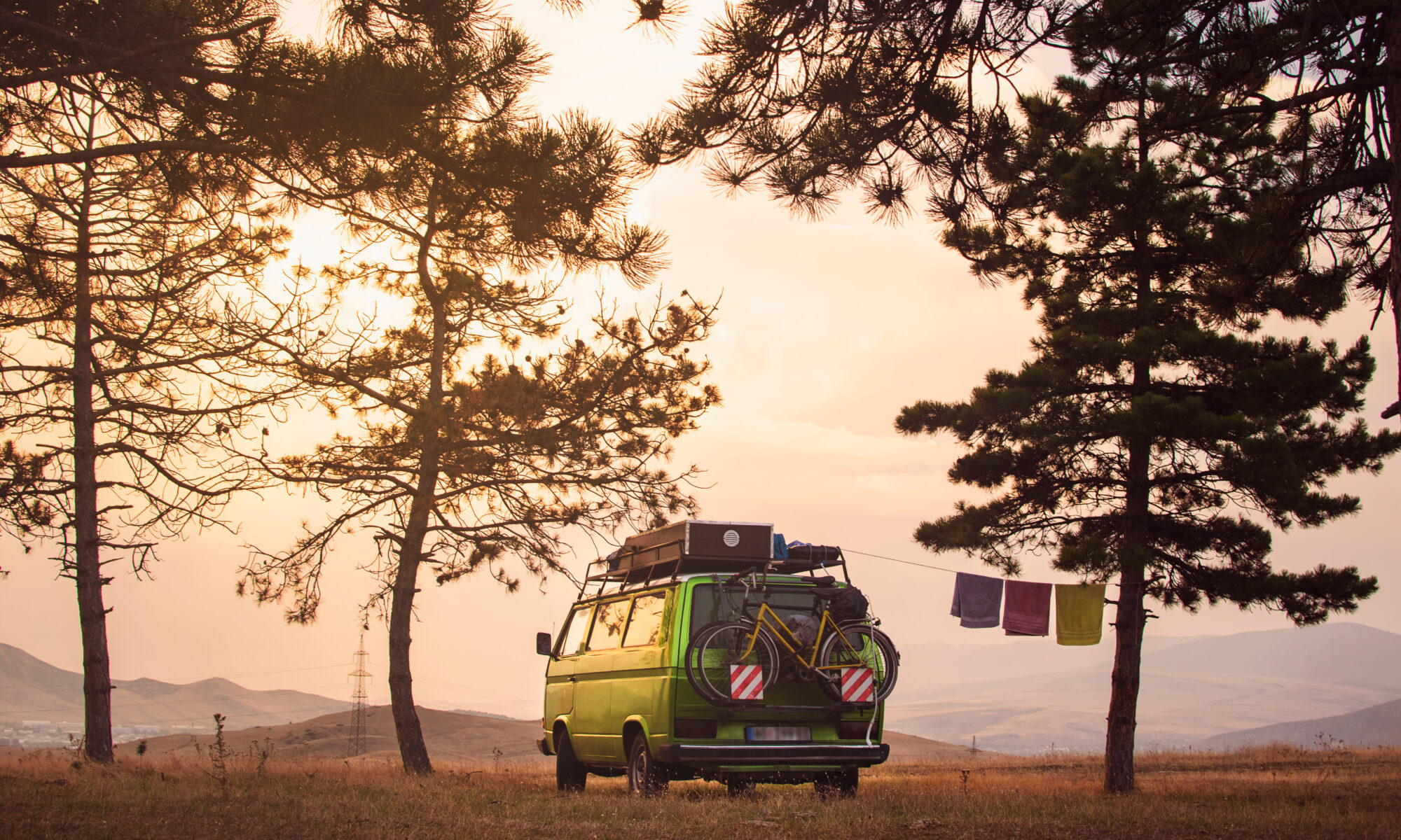 green van parked in the trees