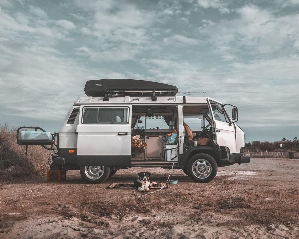 Greg’s dog Casey hangs out near their 1982 Vanagon Camper Van