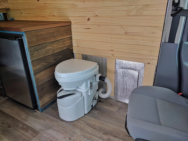 A compostable toilet being installed in a camper van.