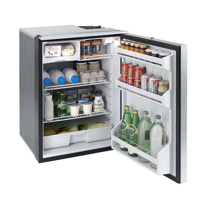 An Isotherm Cruise 130 portable fridge with the door open to see it full of food items.
