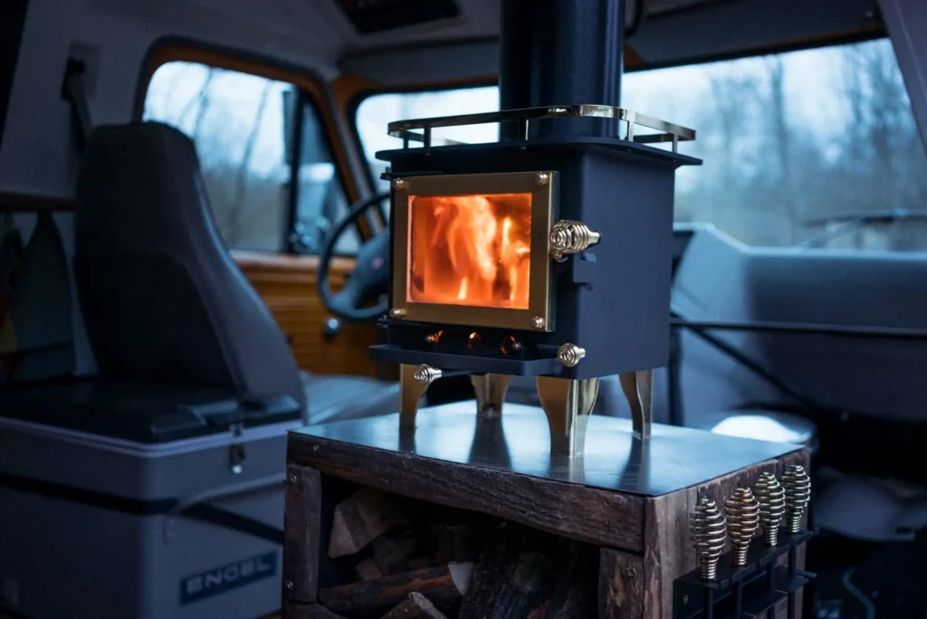 The interior of a camper van with a wood stove installed and located near the front seats.
