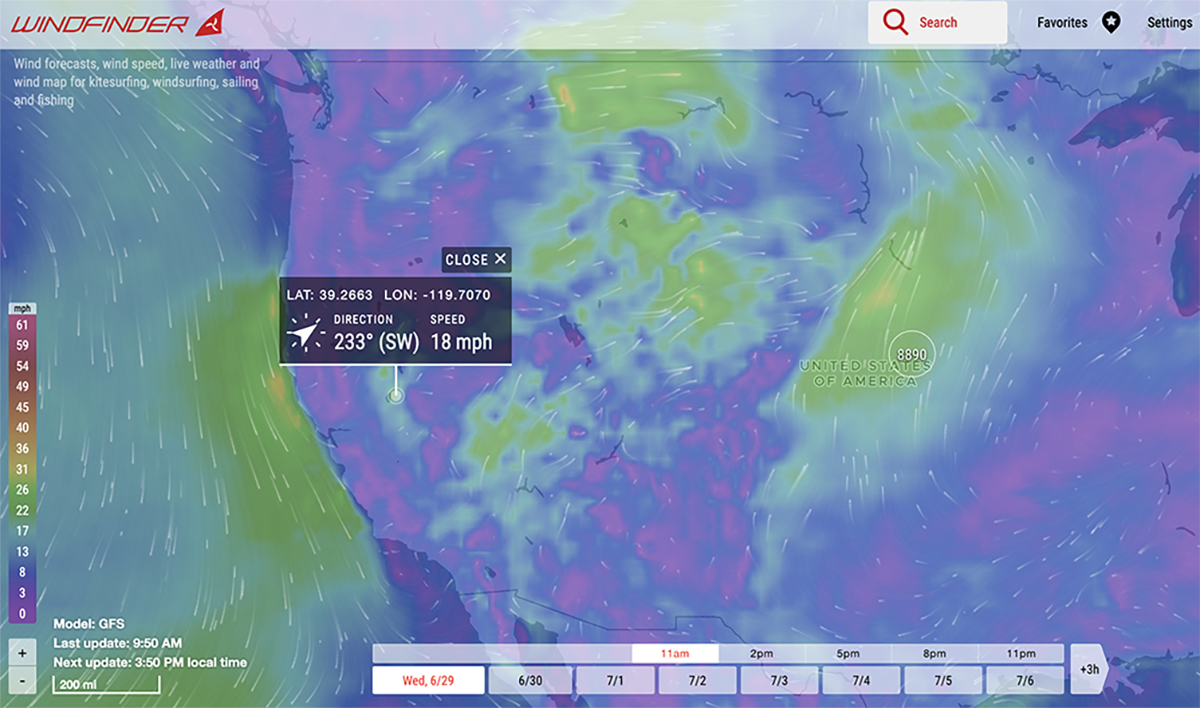 Windfinder map showing wind direction. Using this information can help you use the wind to stay cool.
