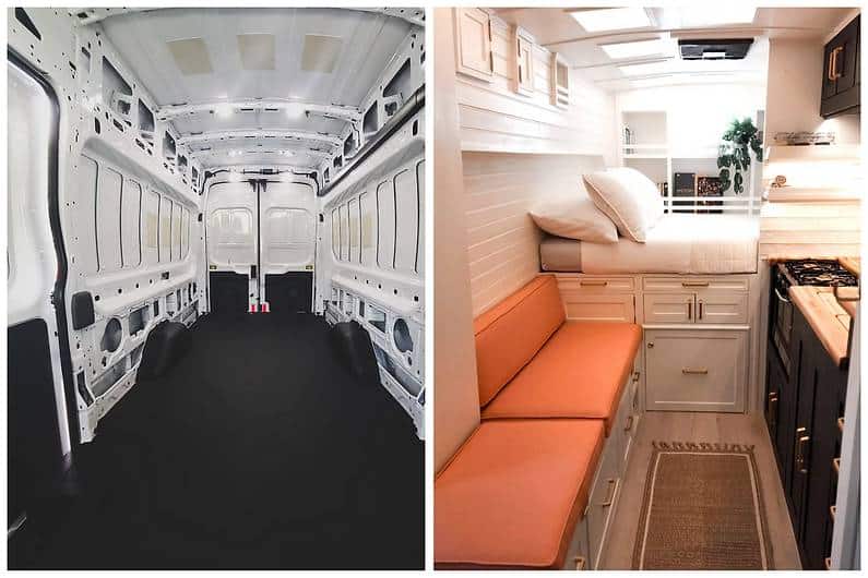 Before and after photos of stealth camper van built by Vanning in Plain Sight