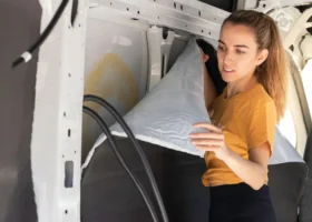 Woman putting insulation in a van