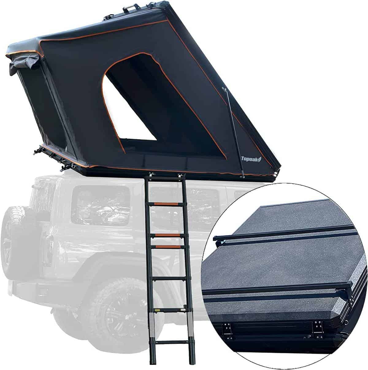 The Topoak Pop Up Rooftop Tent displayed with ladder atop vehicle.