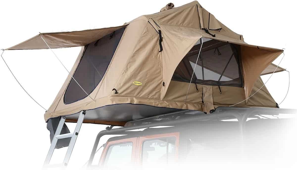 The Smittybilt Overlander Tent sitting atop a jeep roof