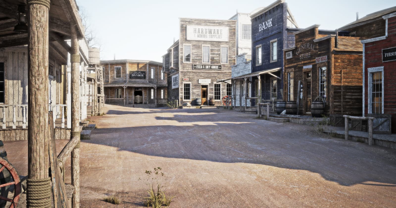 old west town rendering including bank, hardware store, and other businesses much like what the ghost towns in Nevada once looked like