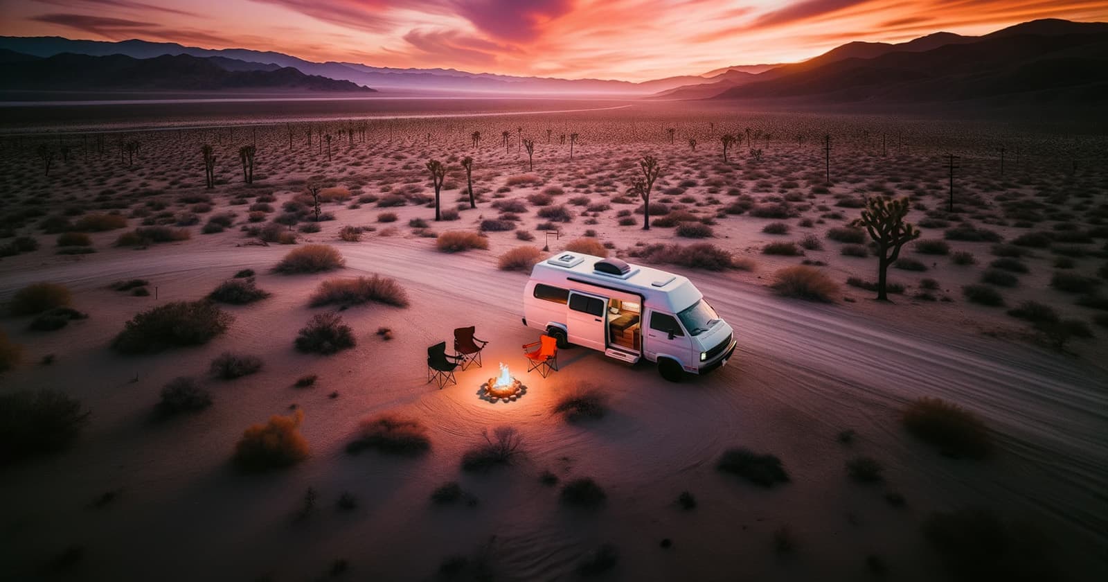 A van with a campsite in the middle of the desert.