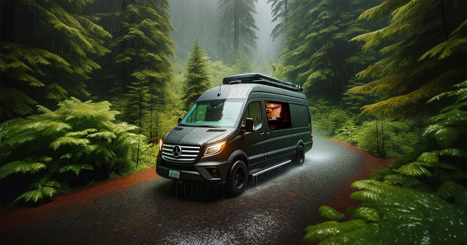 A van camping in the rain