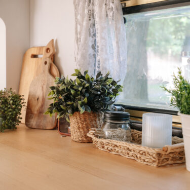 green plants and kitchen items sitting on countertop in campervan