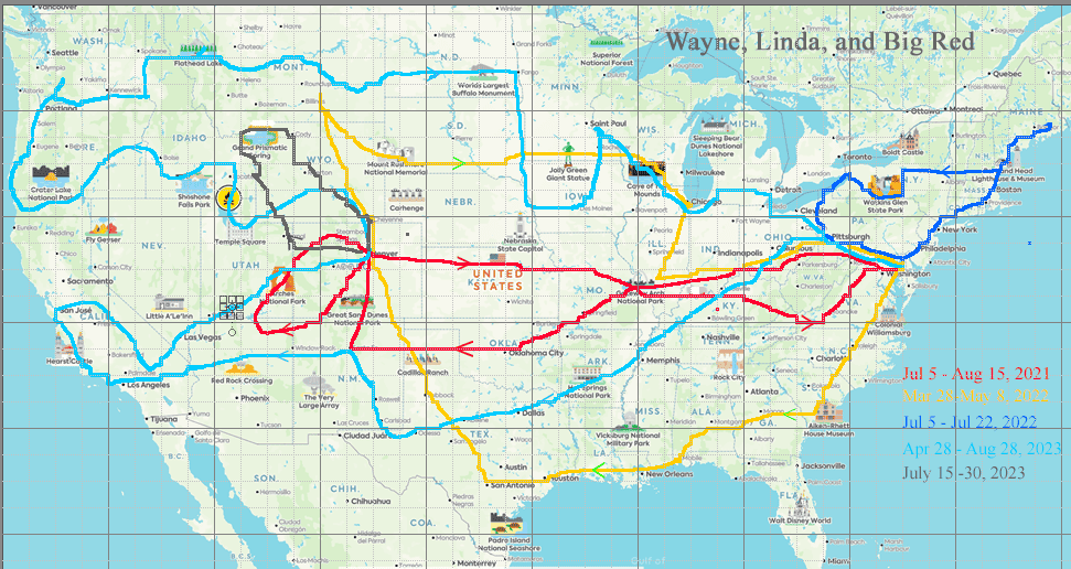 A map of the united states showing several routes taken in the van conversion by Wayne and Linda