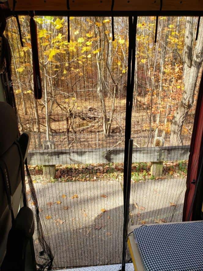 View from inside a camper van, looking out through a screen mesh door onto a wooded area. The screen provides ventilation while keeping insects out. Autumn leaves in shades of yellow and brown are visible on the trees and scattered on the ground outside, suggesting a serene, natural setting. The interior glimpse shows part of a patterned seat cover and a sliver of red vehicle exterior, highlighting the van's integration with the outdoors.